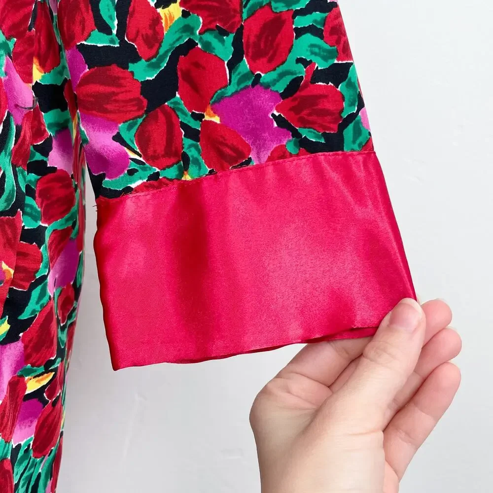 Victoria's Secret Vintage Pink Red Satin Romantic Floral Double-Breasted Robe